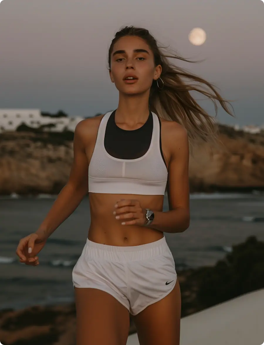 Atleta correndo à beira-mar no fim da tarde